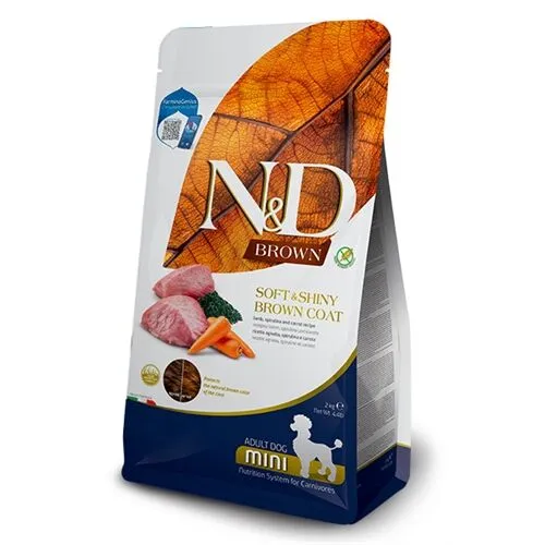 N&D Brown Adult Mini Agnello, Spirulina e Carote 2 Kg – Crocchette per Cani Adulti di Piccola Taglia e Manto Scuro