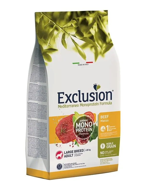 Exclusion Mediterraneo Monoprotein Noble Grain Large Adult Manzo 12Kg – Crocchette Complete per Cani Adulti di Taglia Grande