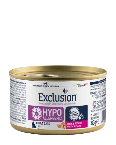 Exclusion Monoprotein Veterinary Diet Cat Hypoallergenic Maiale e Patate 85g – Alimento Umido Dietetico Completo per Gatti Adulti con Intolleranze Alimentari