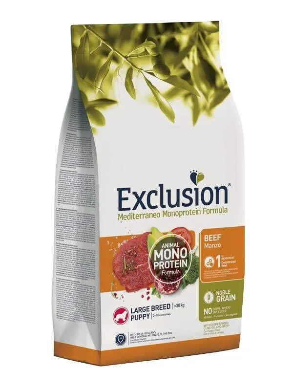 Exclusion Mediterraneo Monoprotein Noble Grain Large Puppy Manzo 12kg – Crocchette Complete per Cuccioli di Taglia Grande