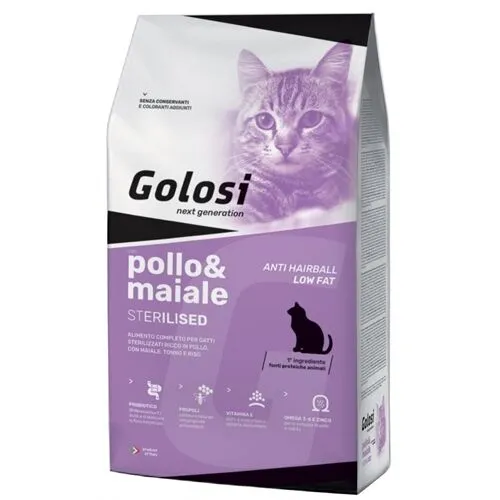 Golosi Cat Sterilised Low Fat Pollo e Maiale – Crocchette Complete per Gatti Sterilizzati e Sedentari