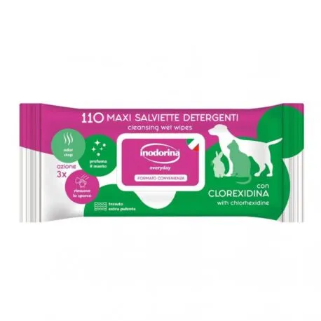 Inodorina Everyday Salviette Detergenti alla Clorexidina per Cani e Gatti – 110 Salviette Igienizzanti